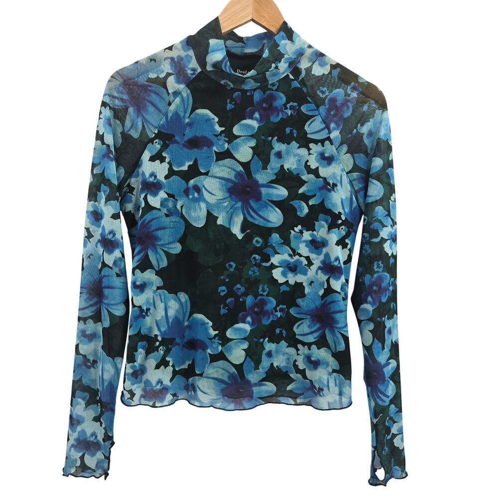 DeaLmore Womens Y2K Dopamine Maximalist Mesh Semi-Sheer Floral Long Sleeve Top M